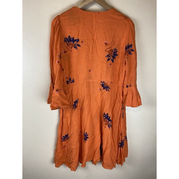 Free People S Mini Dress Surplice Wrap Floral Boho Hippie Peasant Orange Bell - Picture 6 of 8